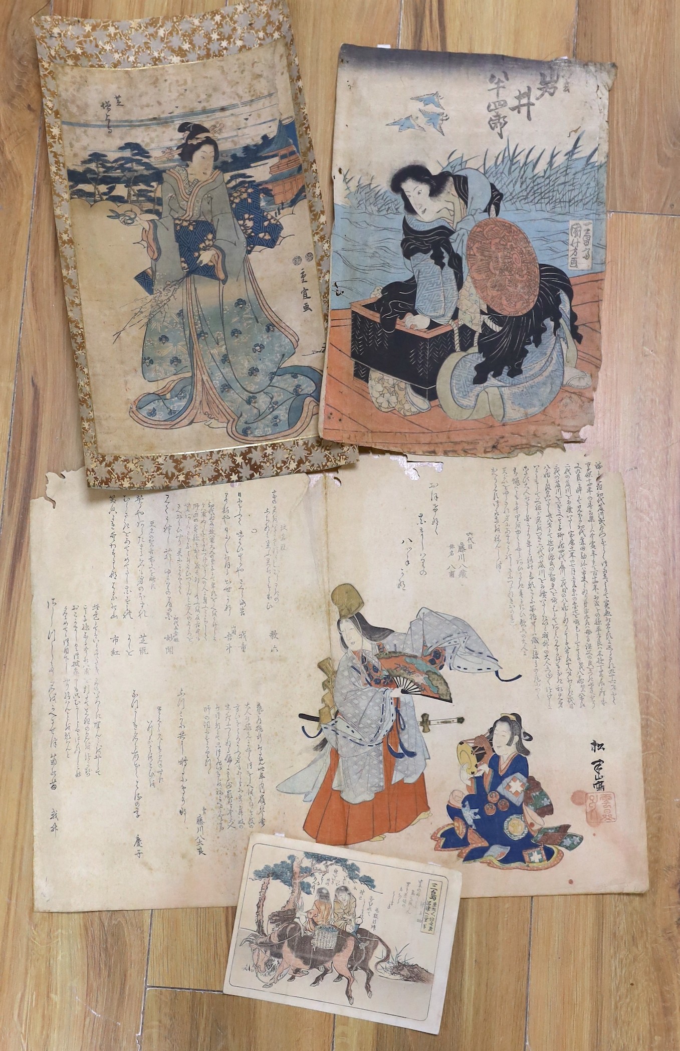 Four Japanese woodblock prints, largest 52cms wide x 39cms high